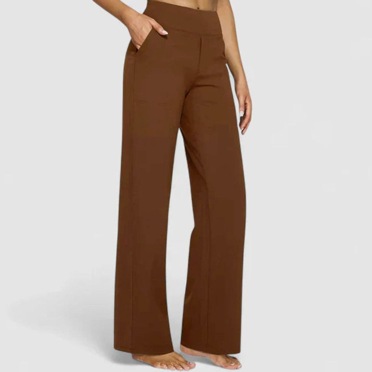 Pantalones rectos de pierna ancha para mujer, de cintura alta y con bolsillos