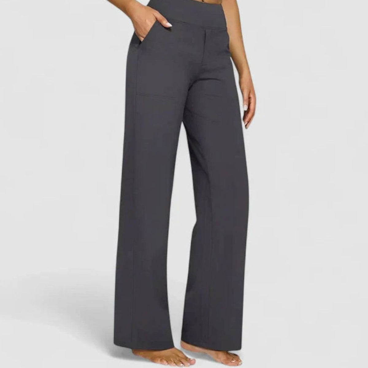 Pantalones rectos de pierna ancha para mujer, de cintura alta y con bolsillos