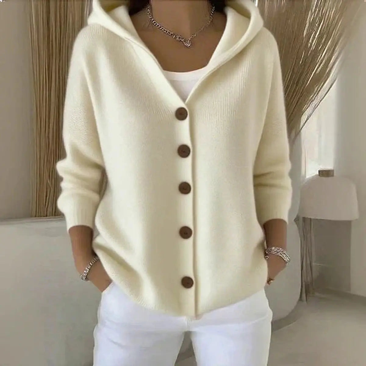 Cárdigan de punto para mujer, con capucha, botones delanteros y corte holgado
