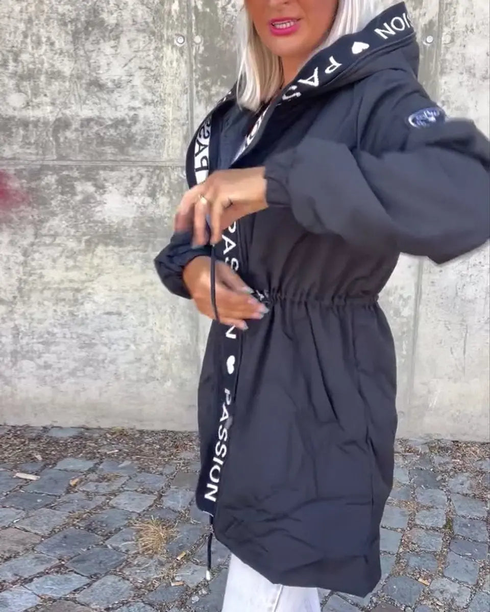 Abrigo midi para mujer, con capucha, cordón y corte holgado