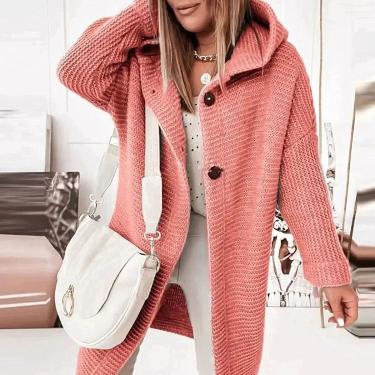 Chaqueta cárdigan larga de punto para mujer, con capucha, corte holgado y botones