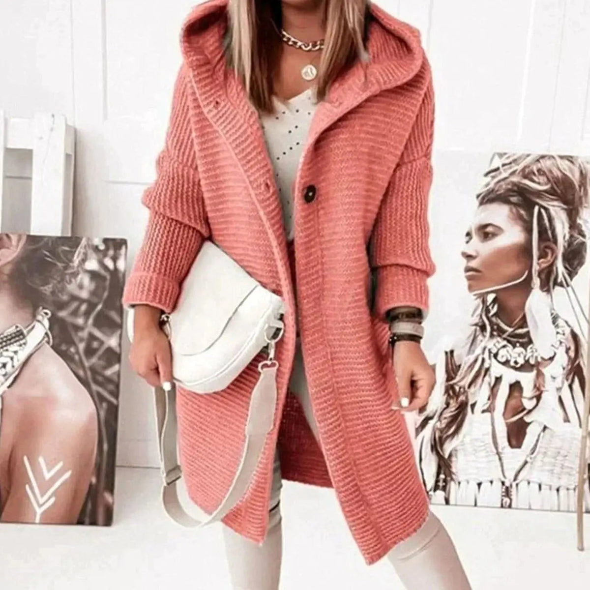 Chaqueta cárdigan larga de punto para mujer, con capucha, corte holgado y botones