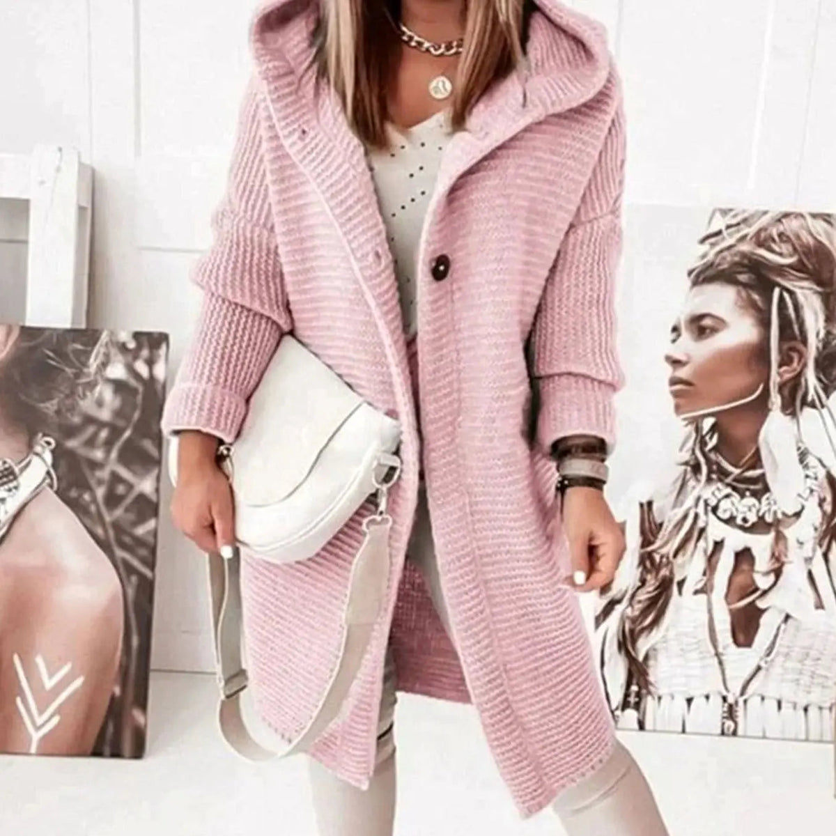 Chaqueta cárdigan larga de punto para mujer, con capucha, corte holgado y botones