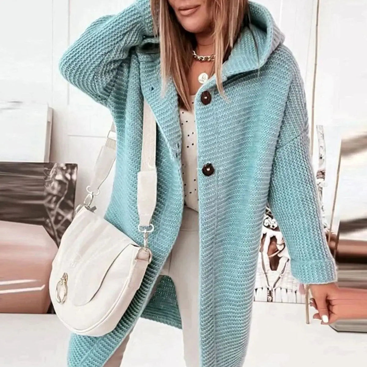 Chaqueta cárdigan larga de punto para mujer, con capucha, corte holgado y botones