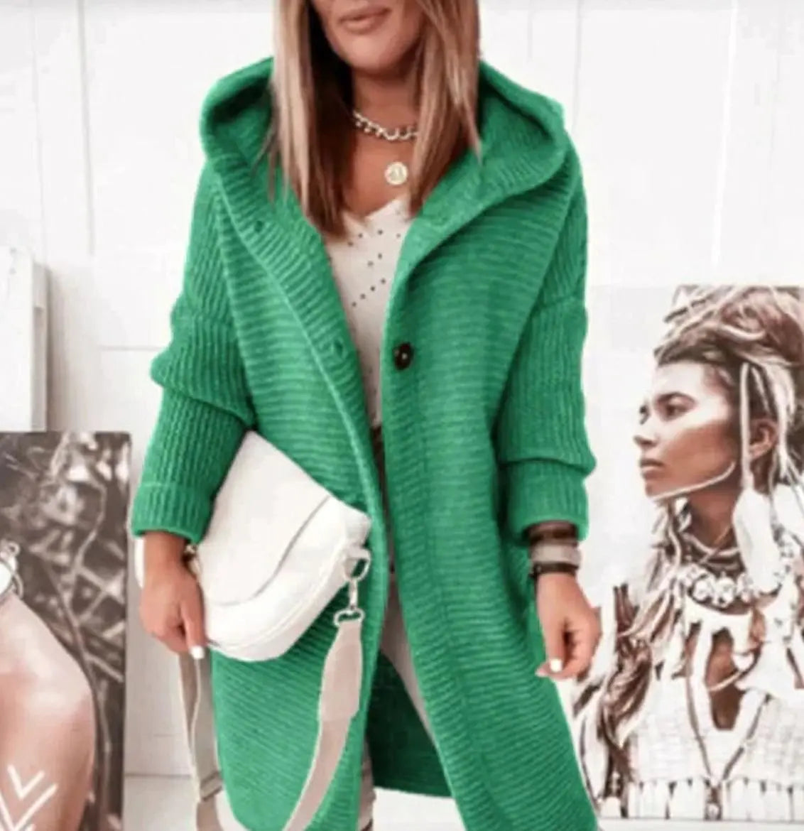 Chaqueta cárdigan larga de punto para mujer, con capucha, corte holgado y botones