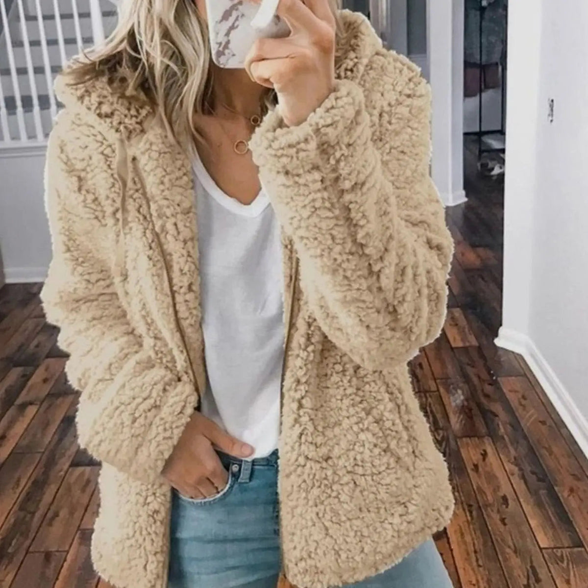 Chaqueta de forro polar tipo teddy para mujer, con capucha y parte delantera abierta