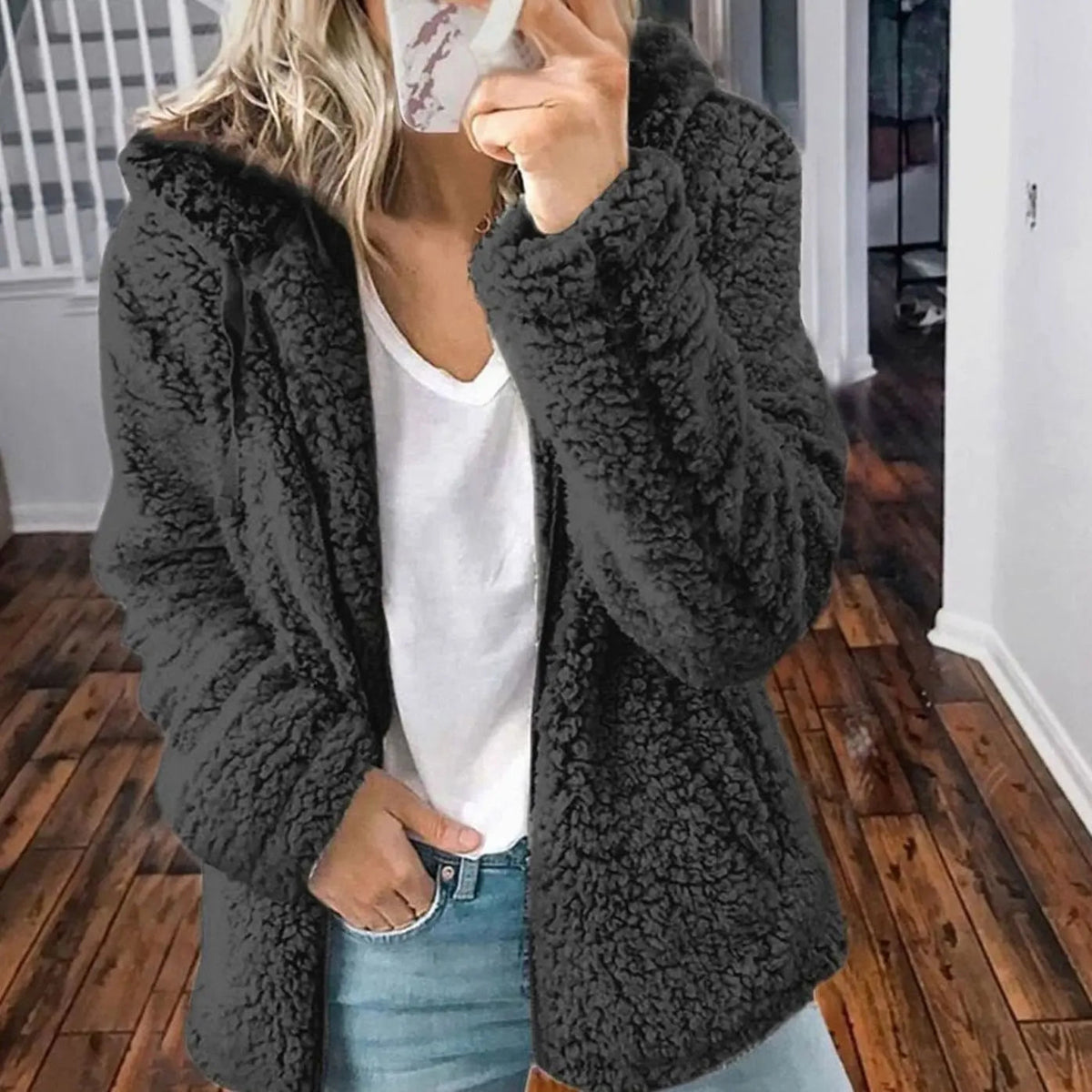 Chaqueta de forro polar tipo teddy para mujer, con capucha y parte delantera abierta
