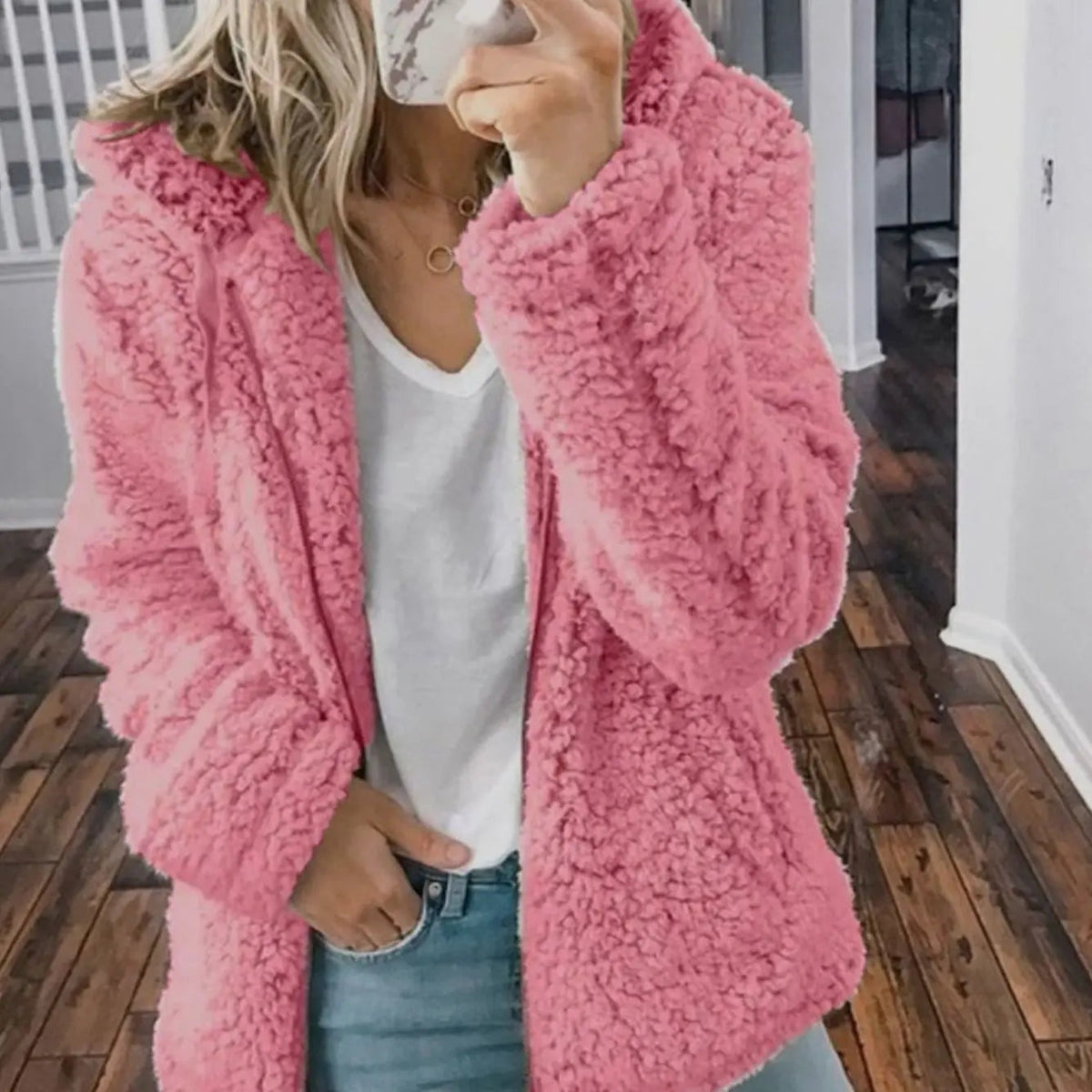 Chaqueta de forro polar tipo teddy para mujer, con capucha y parte delantera abierta