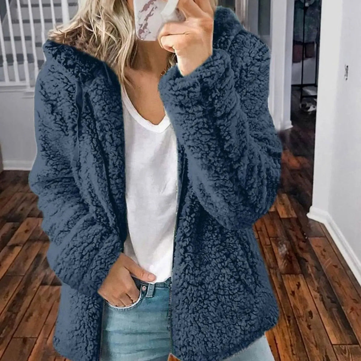 Chaqueta de forro polar tipo teddy para mujer, con capucha y parte delantera abierta