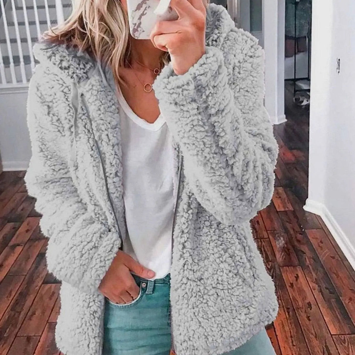 Chaqueta de forro polar tipo teddy para mujer, con capucha y parte delantera abierta