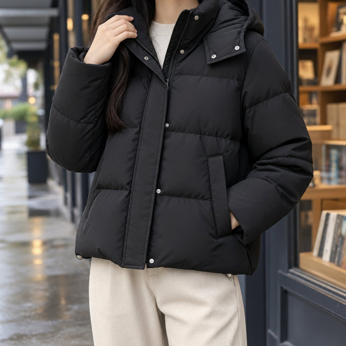 Chaqueta acolchada tipo plumífero para mujer, con capucha, corte holgado y largo hasta la cintura