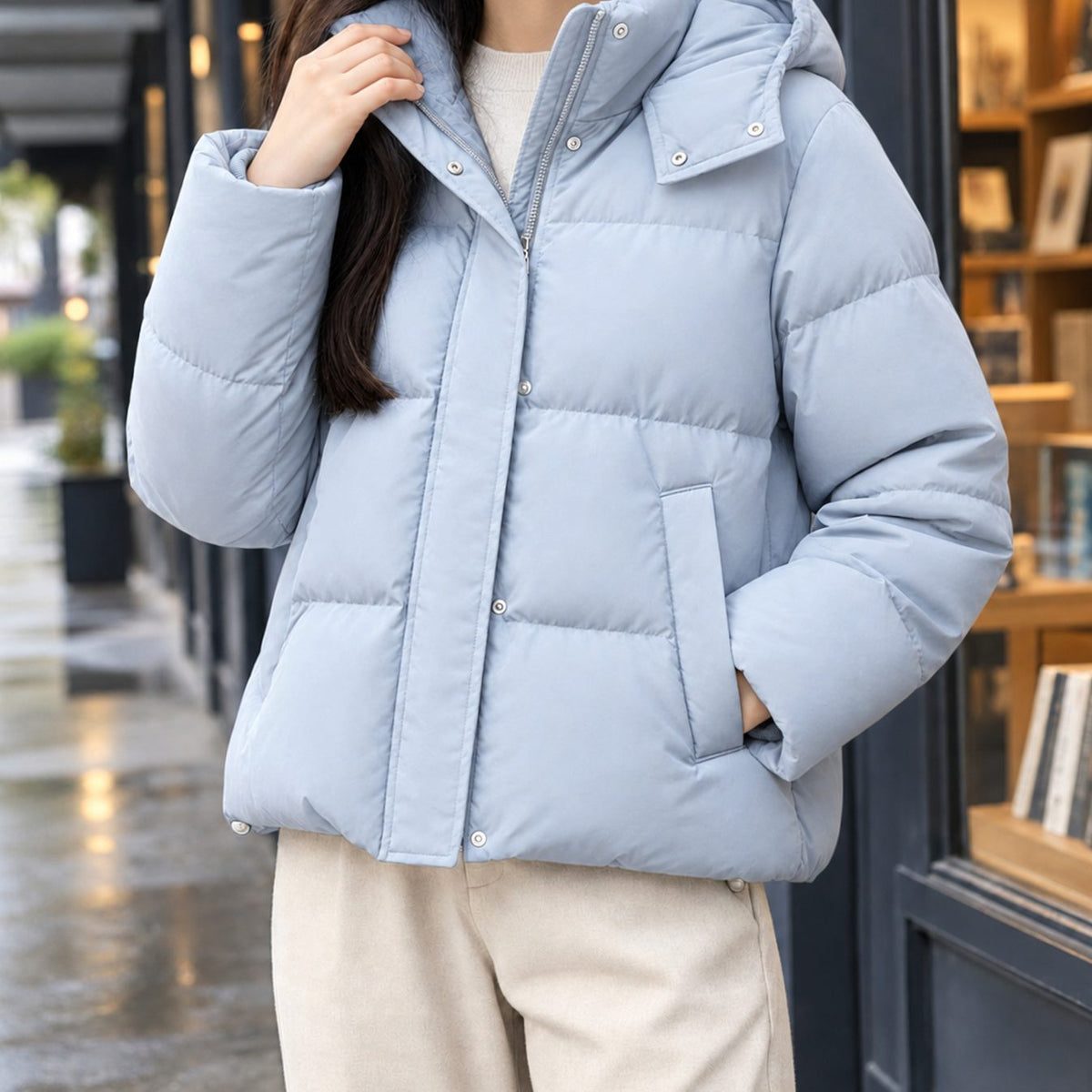 Chaqueta acolchada tipo plumífero para mujer, con capucha, corte holgado y largo hasta la cintura