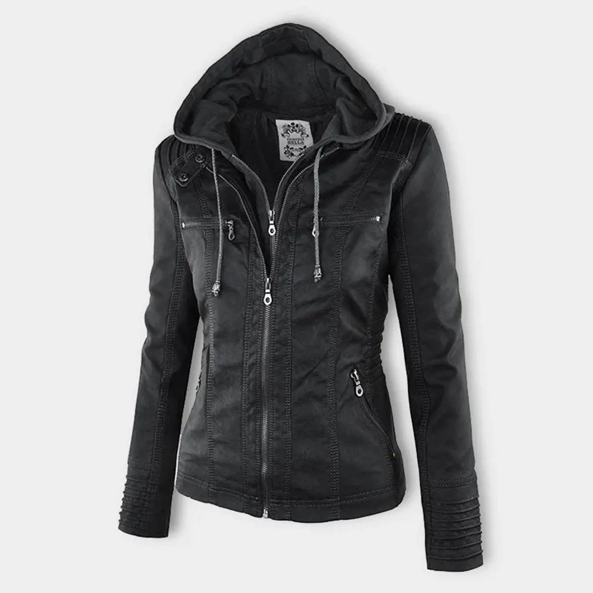 Abrigo motero de cuero sintético para mujer, con capucha desmontable