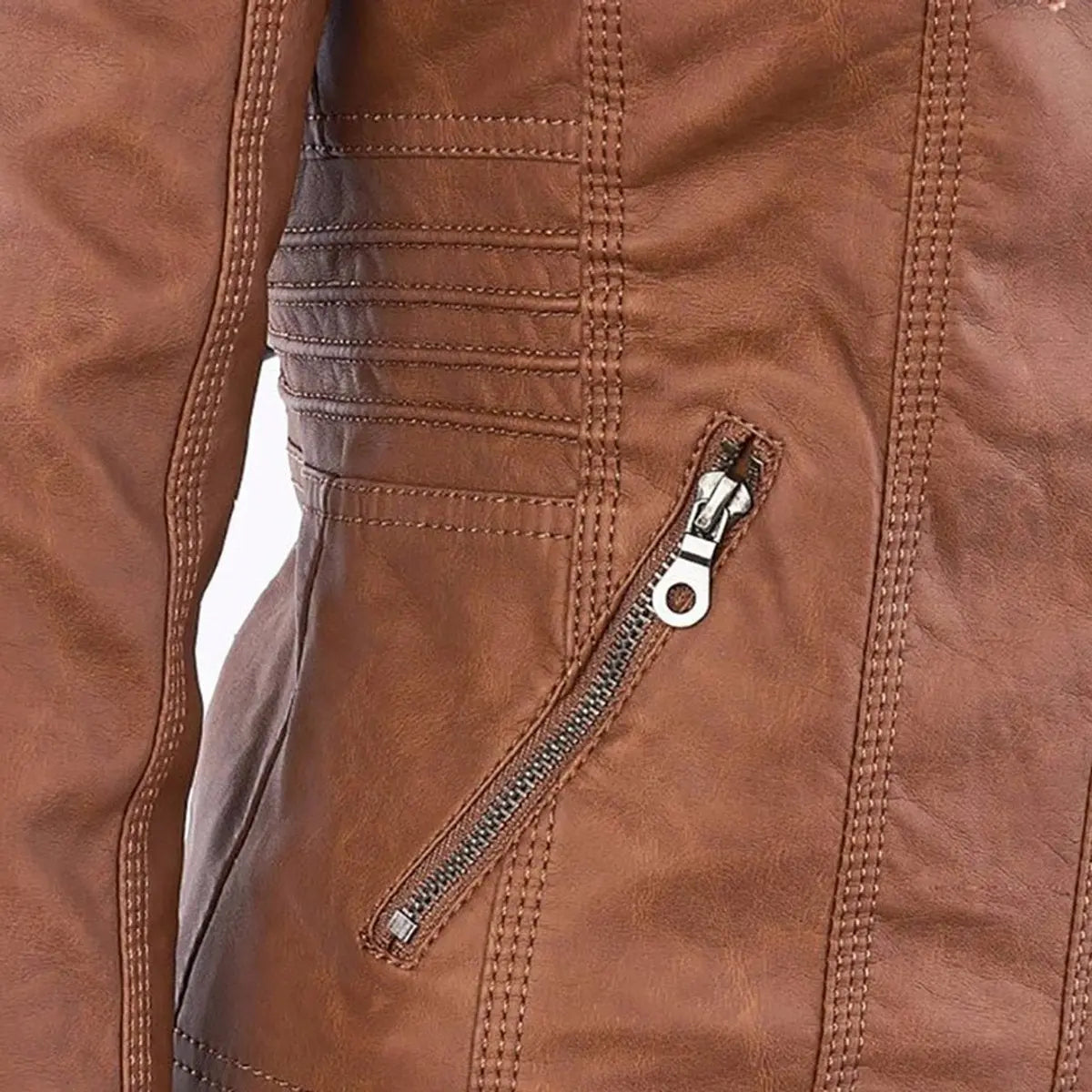 Abrigo motero de cuero sintético para mujer, con capucha desmontable