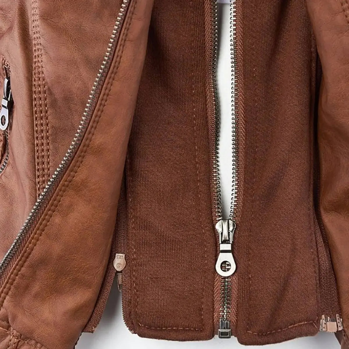 Abrigo motero de cuero sintético para mujer, con capucha desmontable