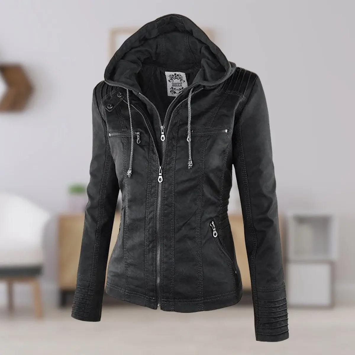 Abrigo motero de cuero sintético para mujer, con capucha desmontable