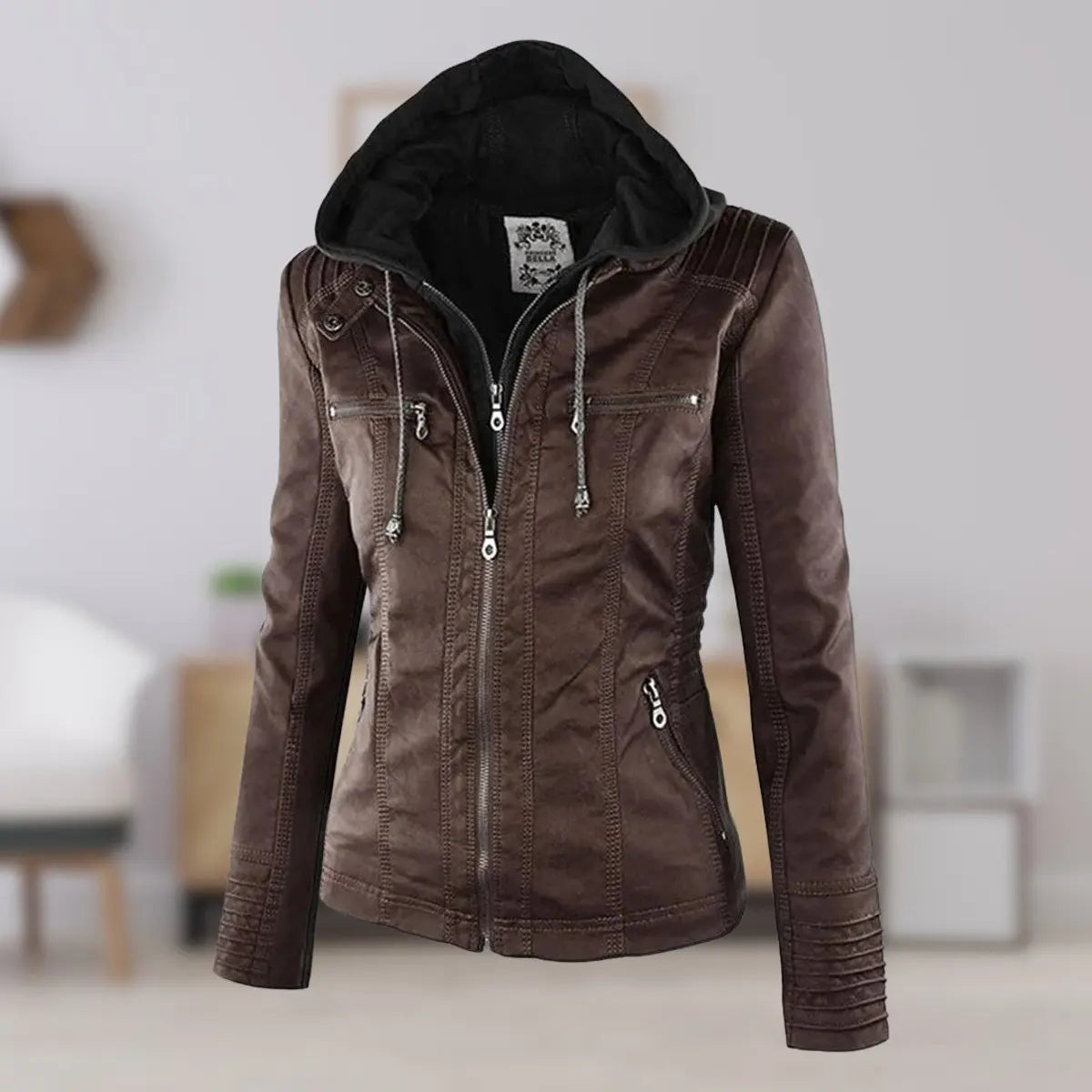 Abrigo motero de cuero sintético para mujer, con capucha desmontable