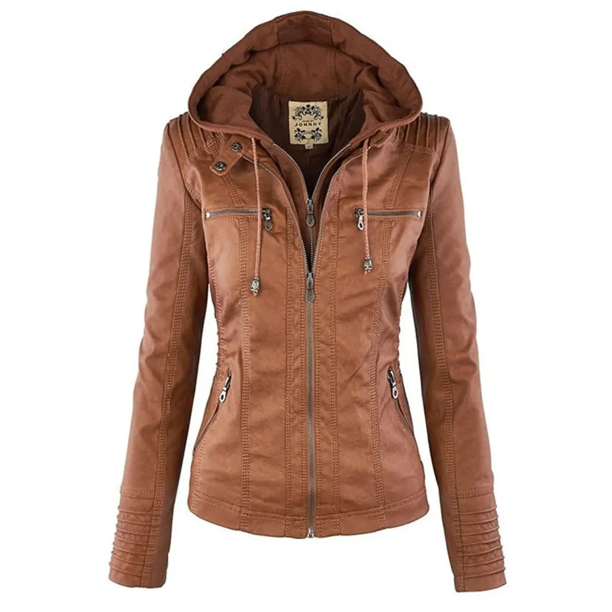 Abrigo motero de cuero sintético para mujer, con capucha desmontable