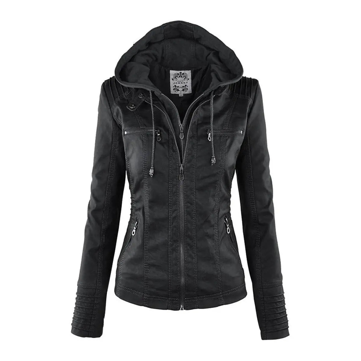 Abrigo motero de cuero sintético para mujer, con capucha desmontable