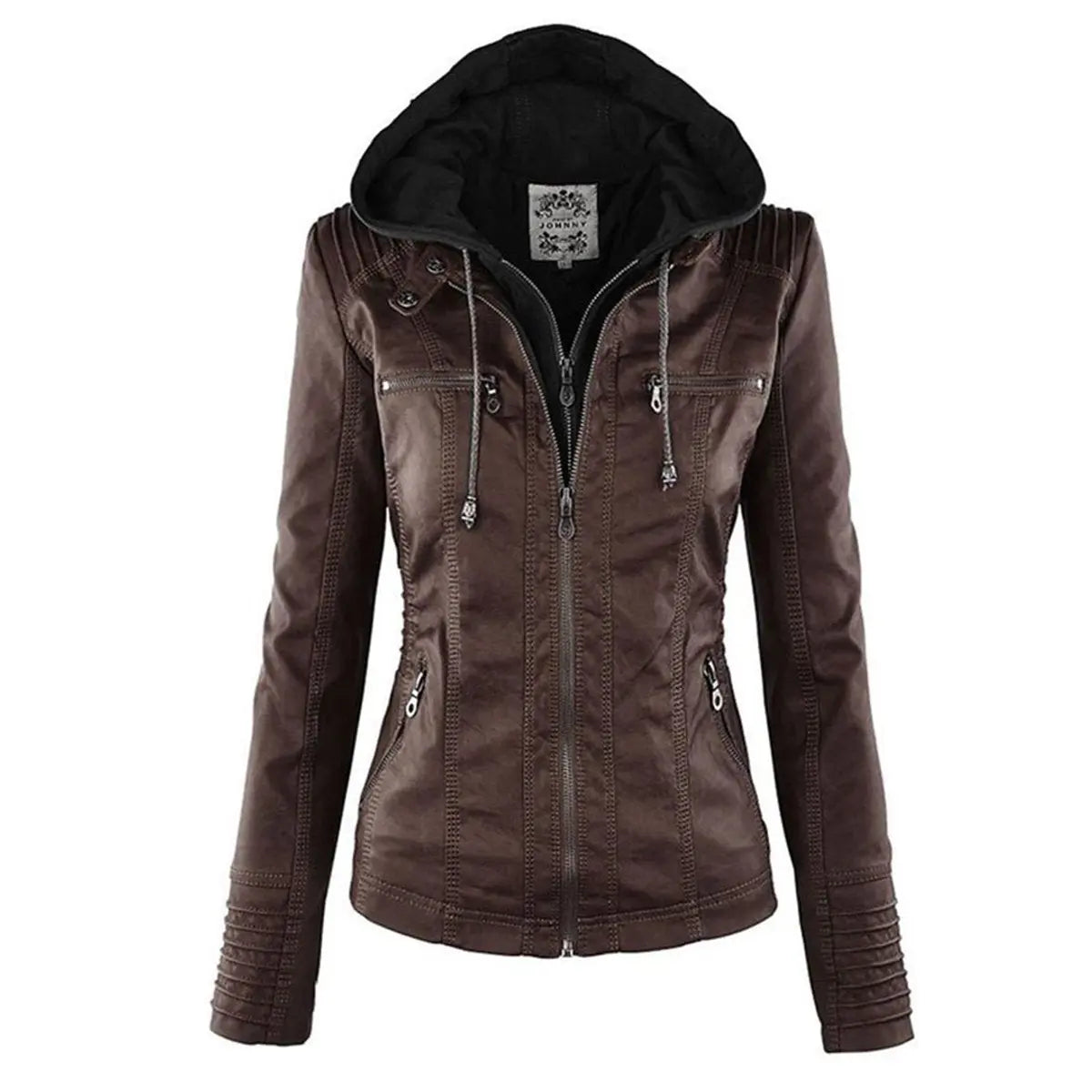 Abrigo motero de cuero sintético para mujer, con capucha desmontable