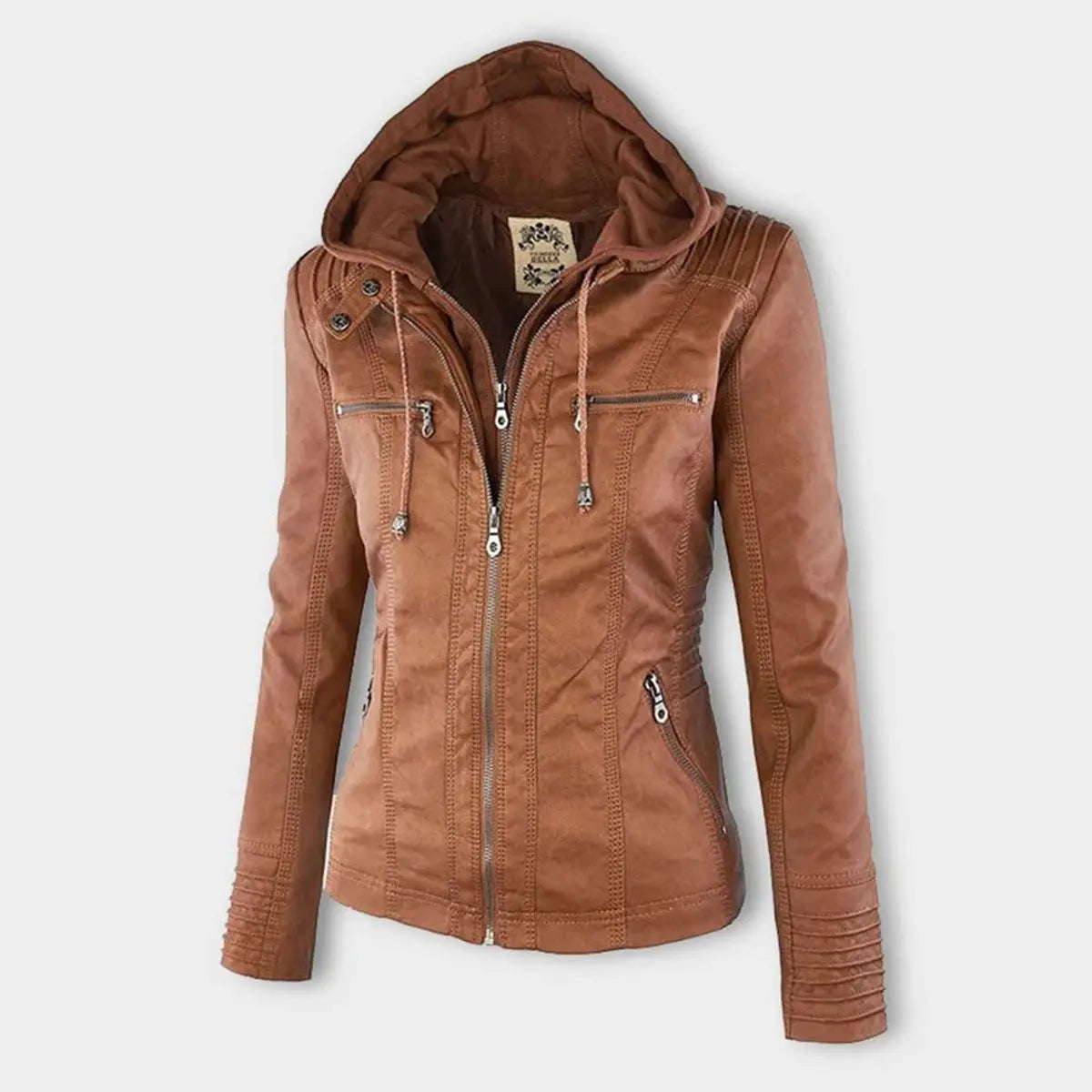 Abrigo motero de cuero sintético para mujer, con capucha desmontable