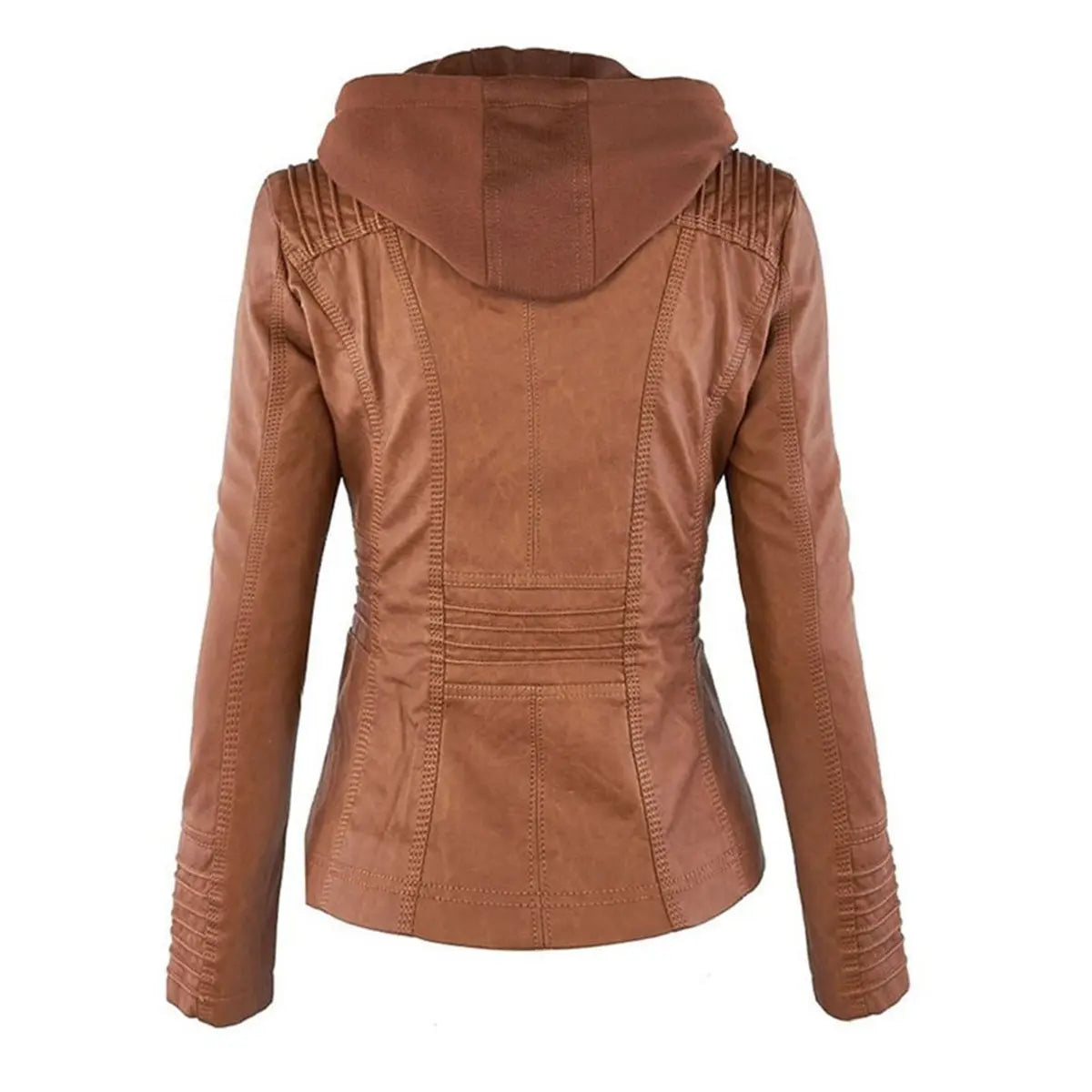Abrigo motero de cuero sintético para mujer, con capucha desmontable