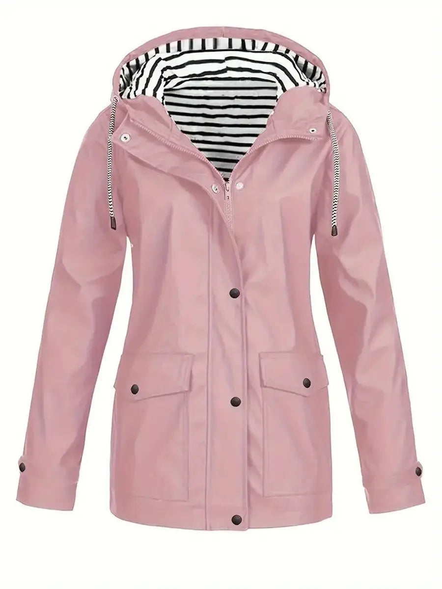 Impermeable para mujer, con capucha, forro a rayas y cierre de cremallera