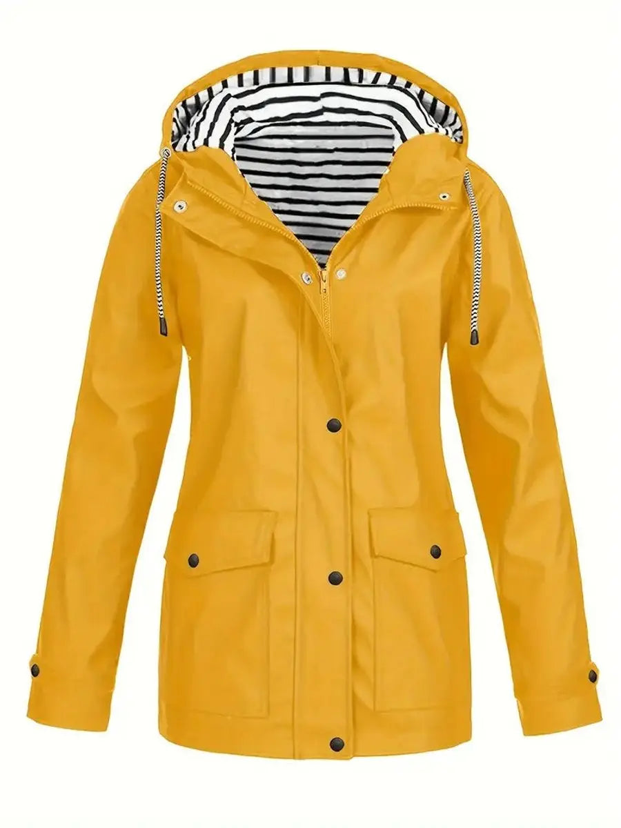 Impermeable para mujer, con capucha, forro a rayas y cierre de cremallera