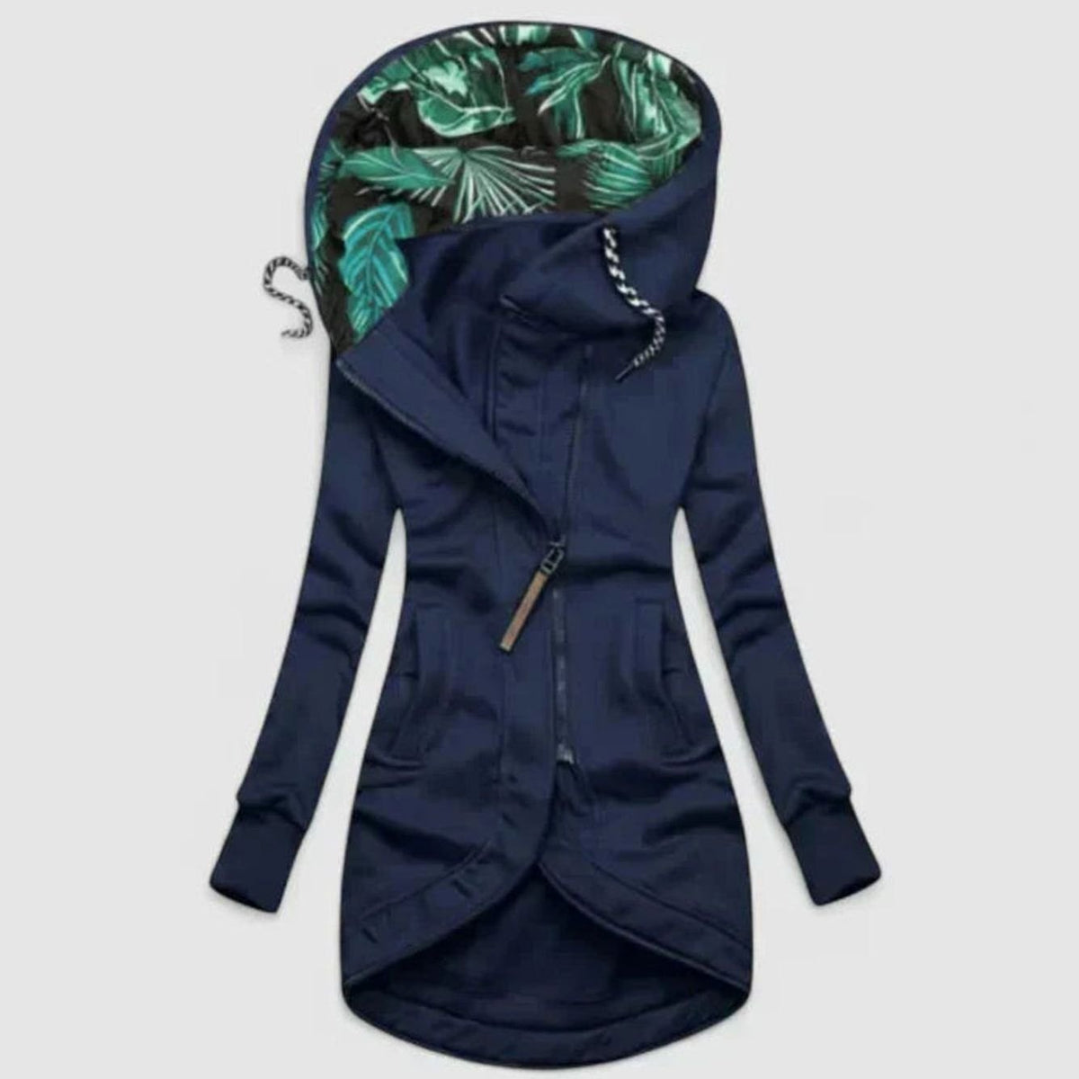 Chaqueta larga y cómoda para mujer, suave, con capucha y cierre de cremallera
