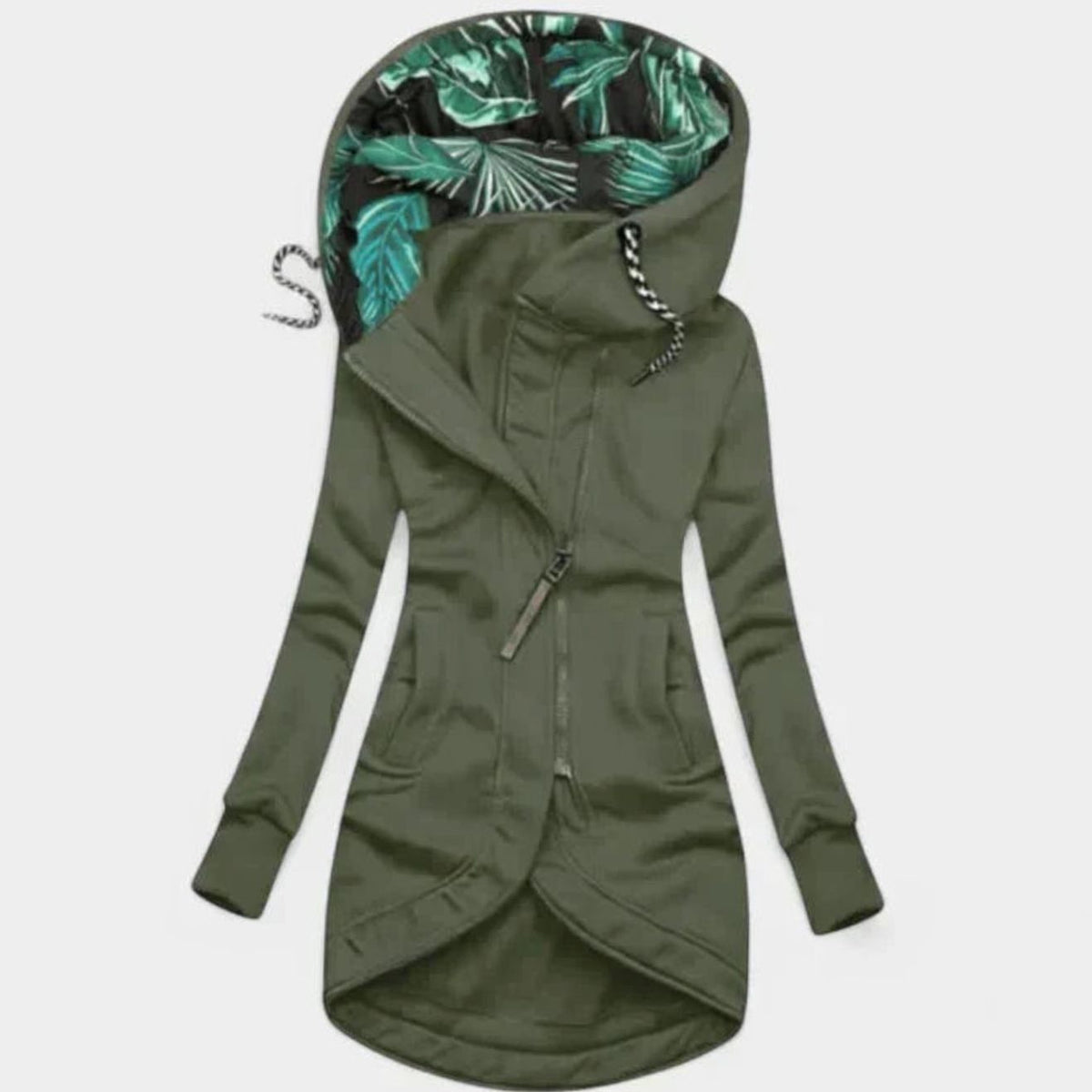 Chaqueta larga y cómoda para mujer, suave, con capucha y cierre de cremallera