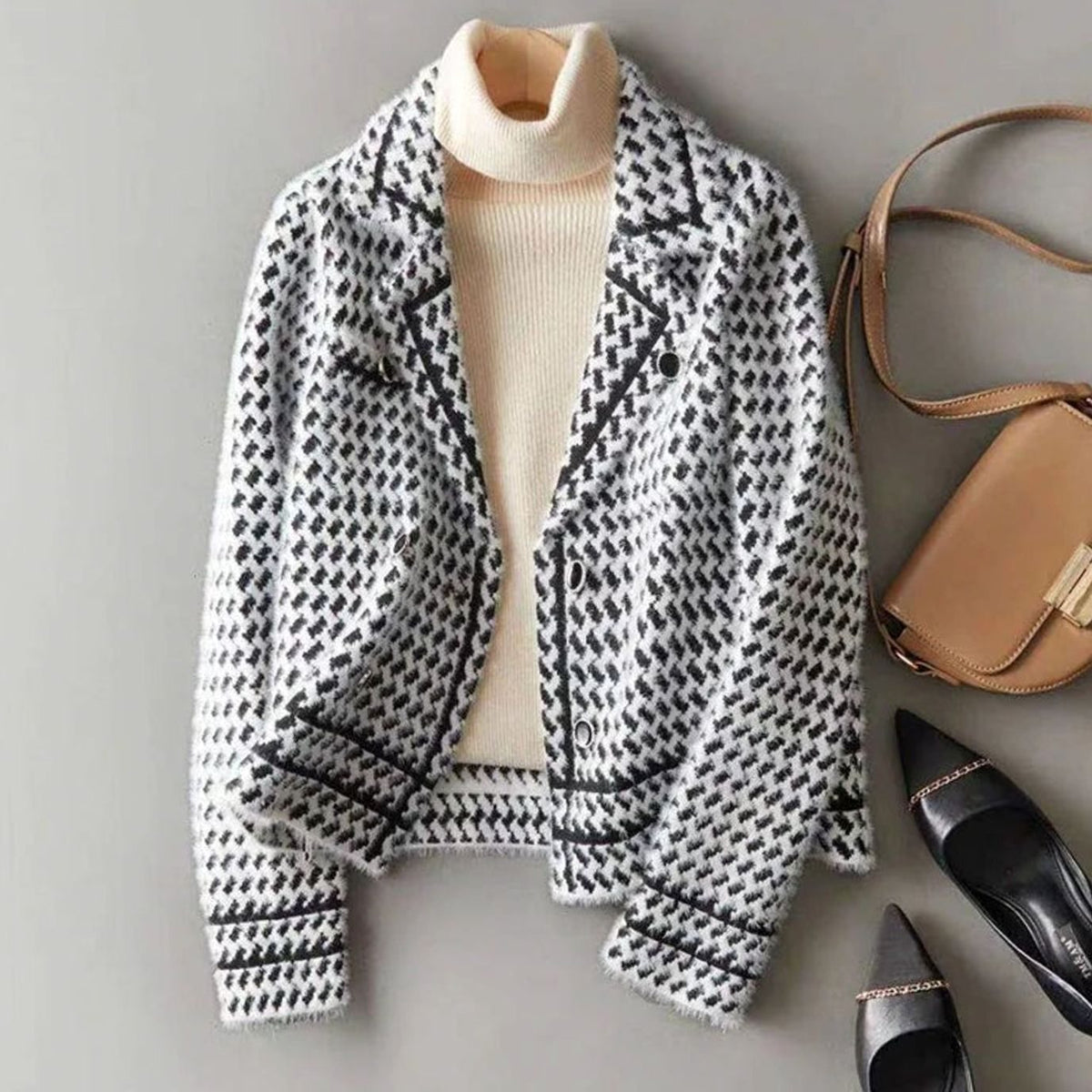 Chaqueta de punto para mujer, de lana y cachemira con estampado de pata de gallo y botones