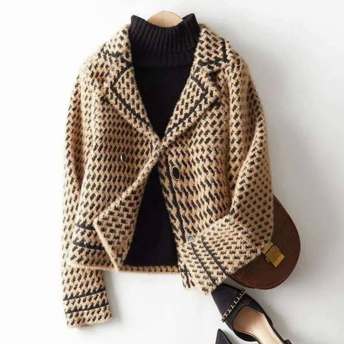 Chaqueta de punto para mujer, de lana y cachemira con estampado de pata de gallo y botones