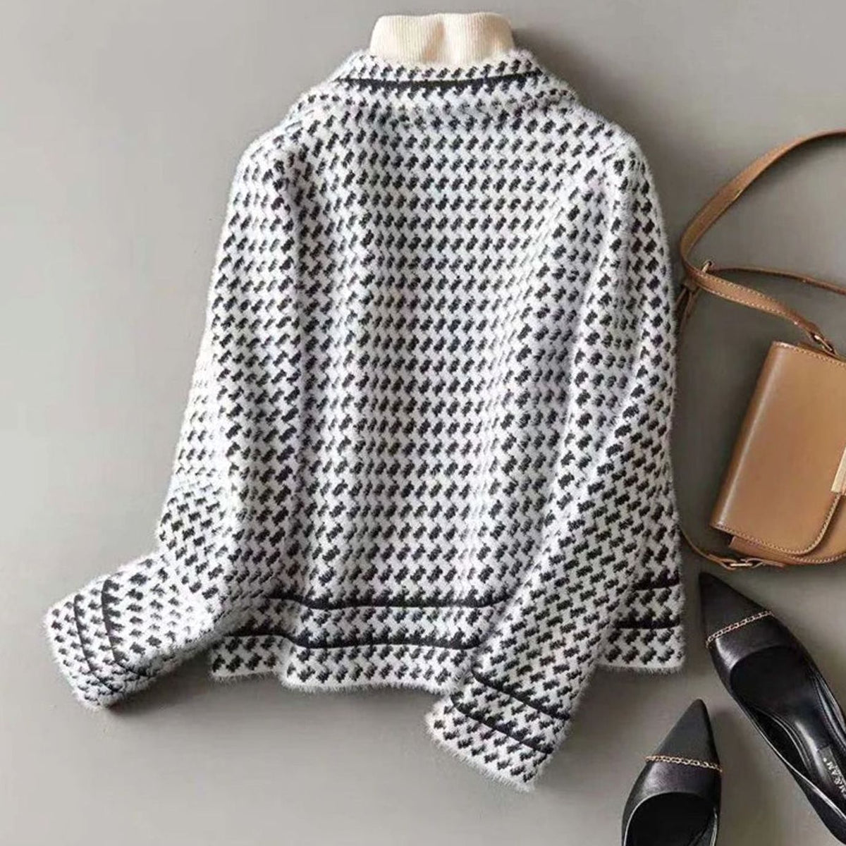 Chaqueta de punto para mujer, de lana y cachemira con estampado de pata de gallo y botones