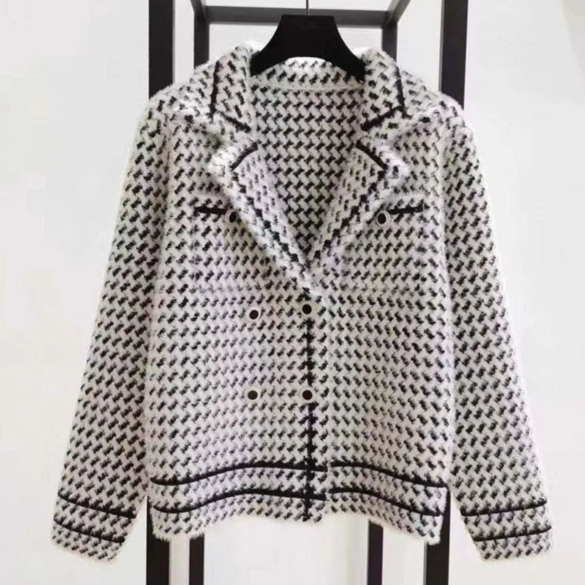 Chaqueta de punto para mujer, de lana y cachemira con estampado de pata de gallo y botones
