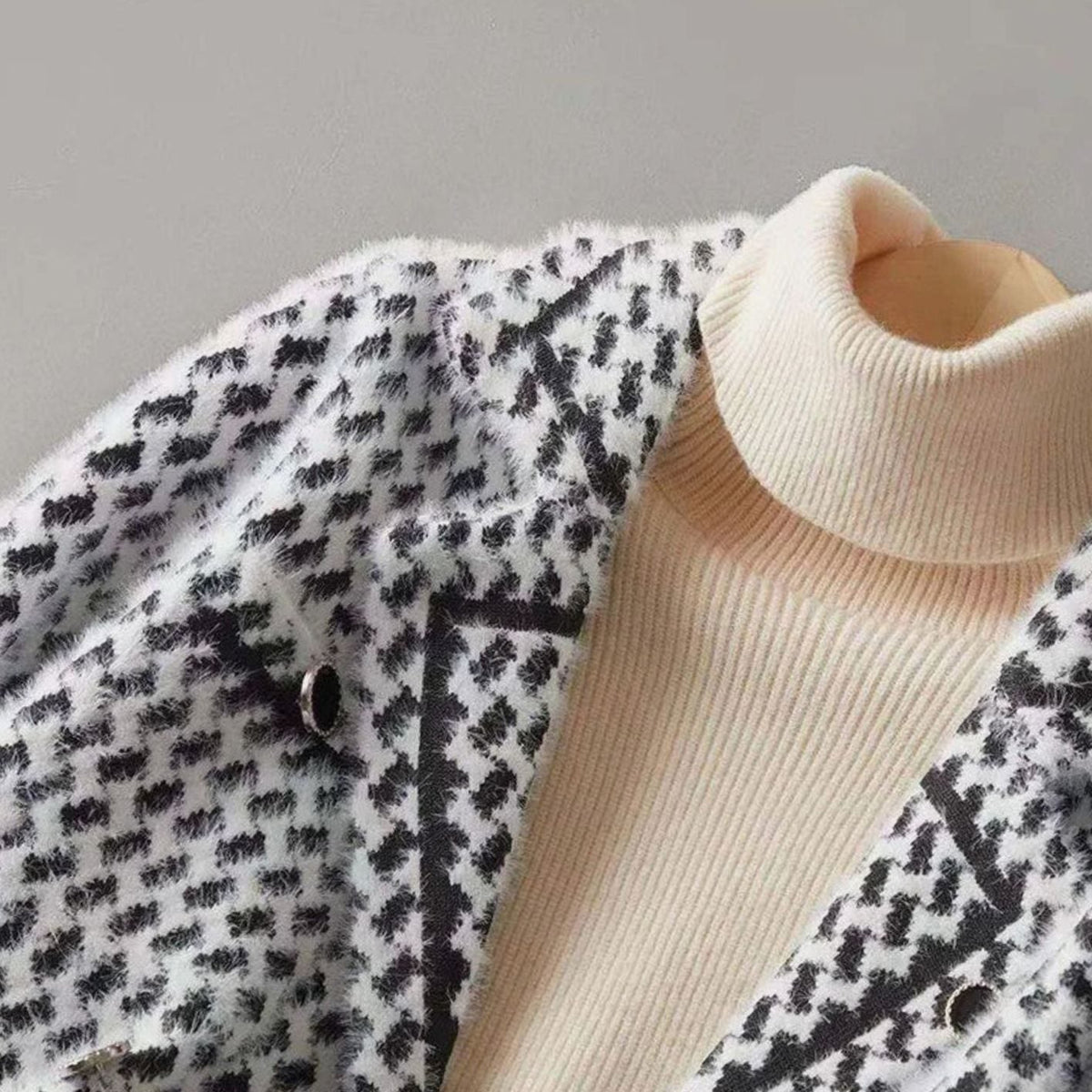 Chaqueta de punto para mujer, de lana y cachemira con estampado de pata de gallo y botones