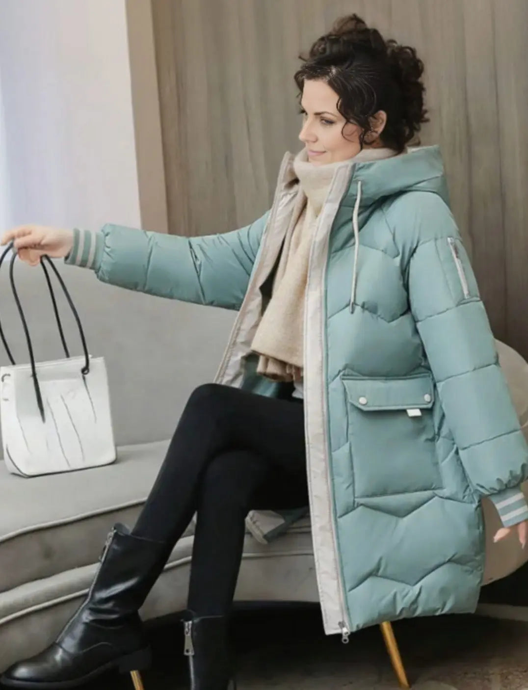 Abrigo de invierno acolchado de longitud media para mujer, con capucha y aislamiento térmico