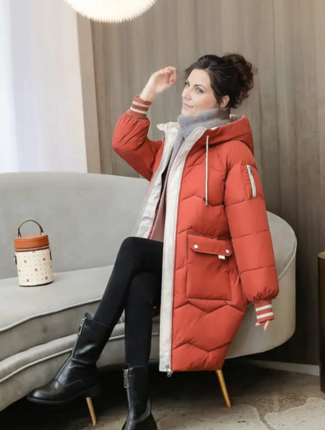 Abrigo de invierno acolchado de longitud media para mujer, con capucha y aislamiento térmico
