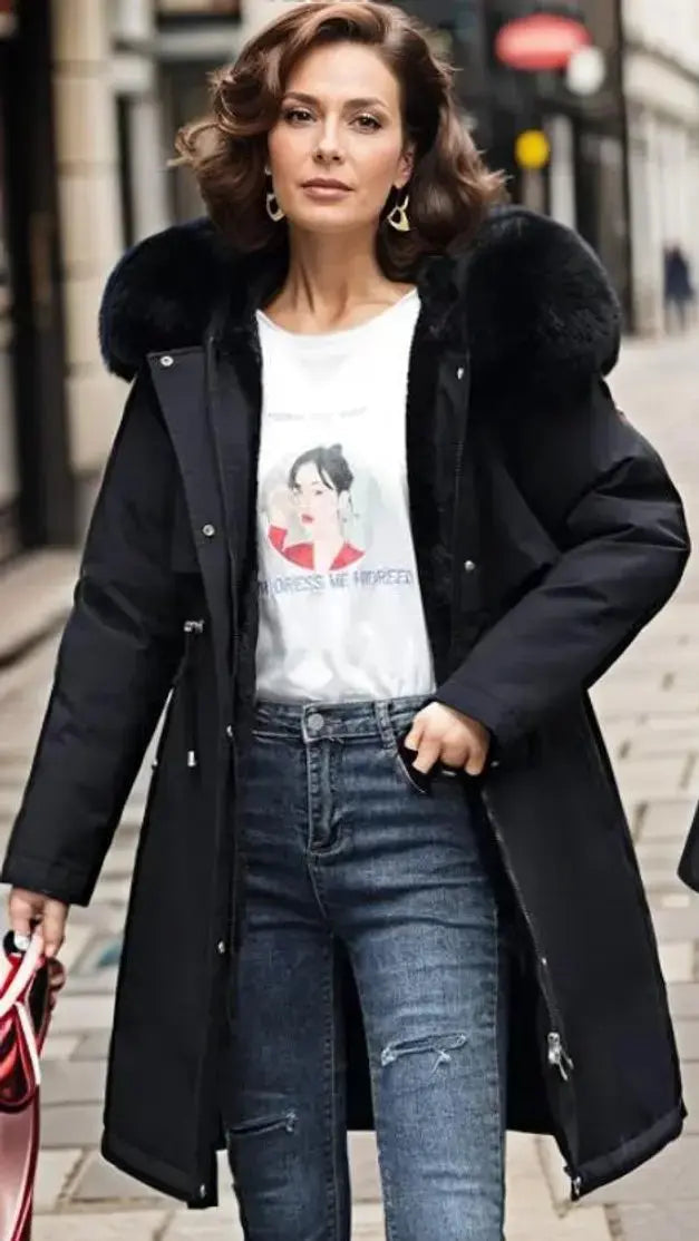 Parka de invierno impermeable para mujer, con capucha, ribete de pelo sintético y aislamiento térmico