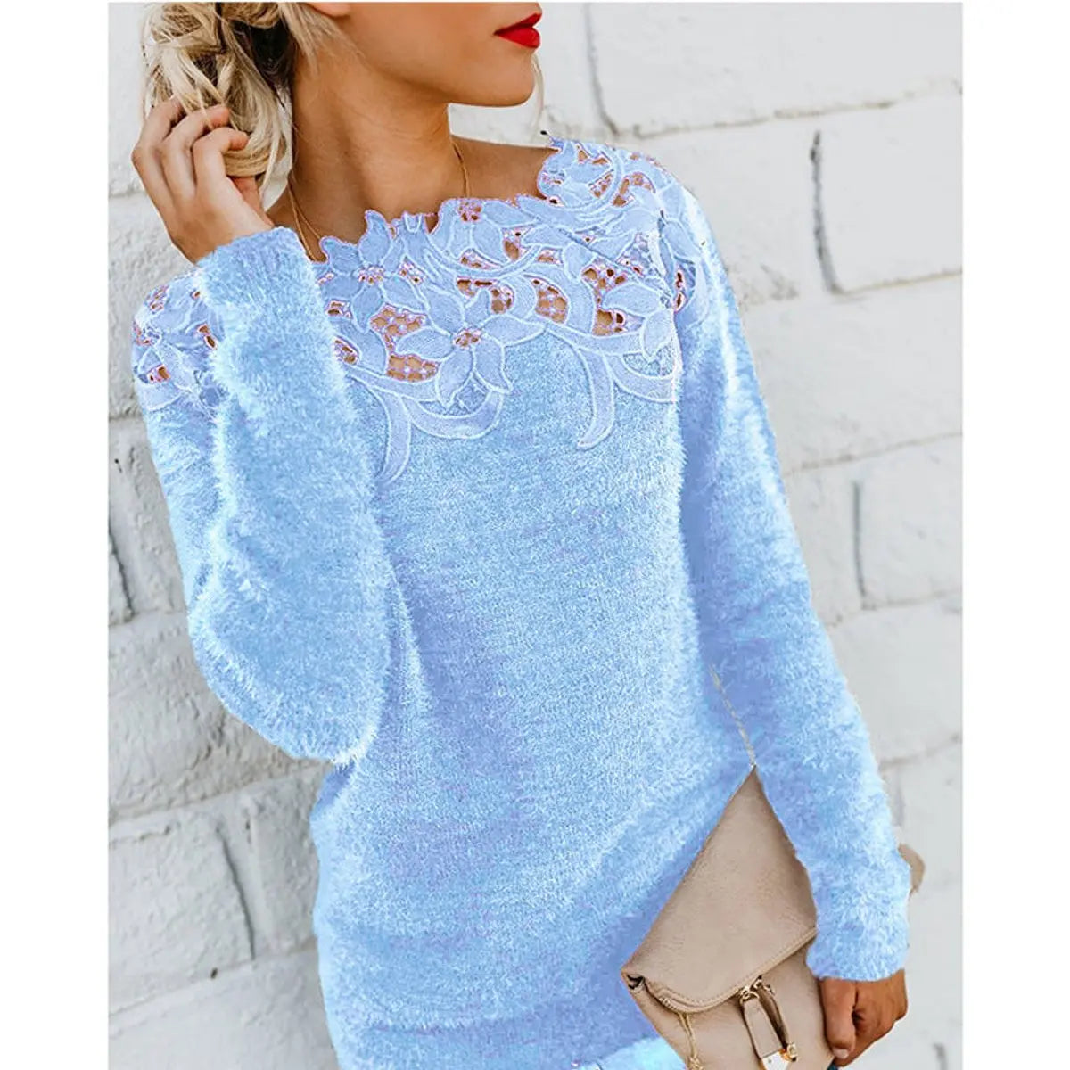 Top de punto de manga larga para mujer, de tejido mullido, con encaje floral en el escote