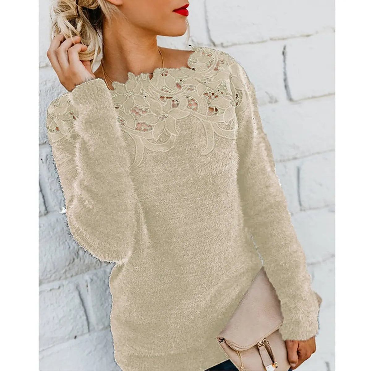 Top de punto de manga larga para mujer, de tejido mullido, con encaje floral en el escote
