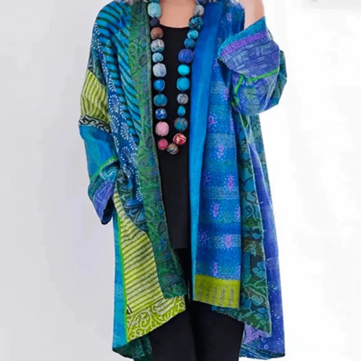 Cárdigan largo de punto para mujer, de patchwork y abierto por delante