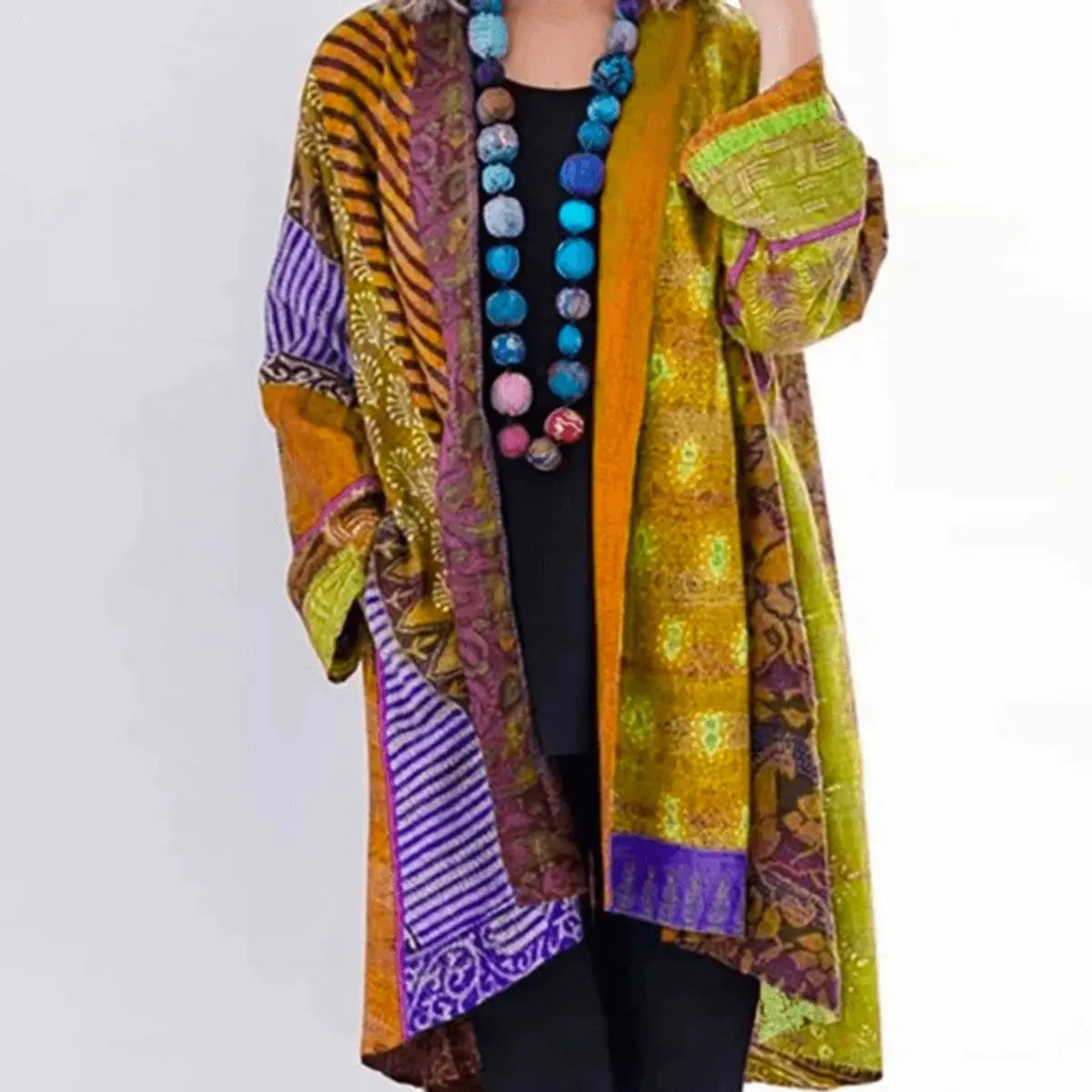 Cárdigan largo de punto para mujer, de patchwork y abierto por delante