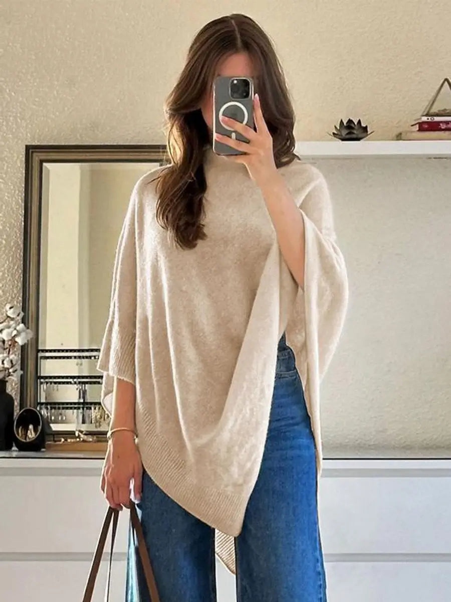 Abrigo tipo capa de punto con bajo asimétrico y poncho drapeado para mujer