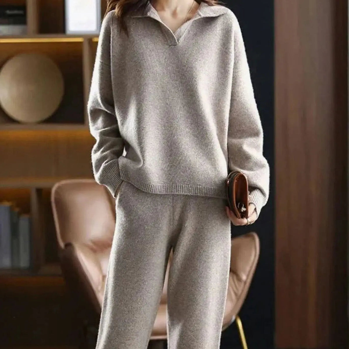 Conjunto de punto de dos piezas para estar en casa, con jersey de corte relajado y pantalón, para mujer