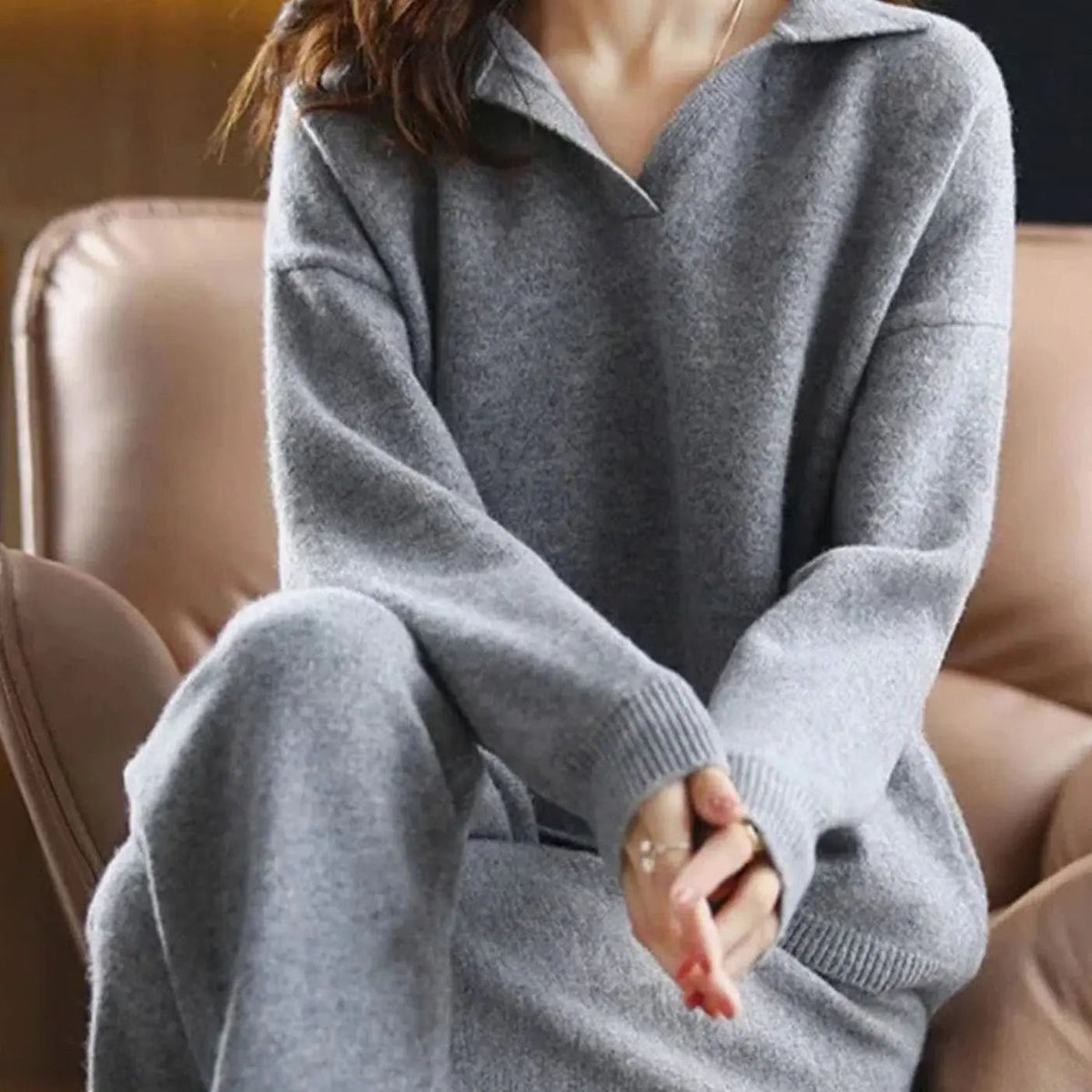 Conjunto de punto de dos piezas para estar en casa, con jersey de corte relajado y pantalón, para mujer