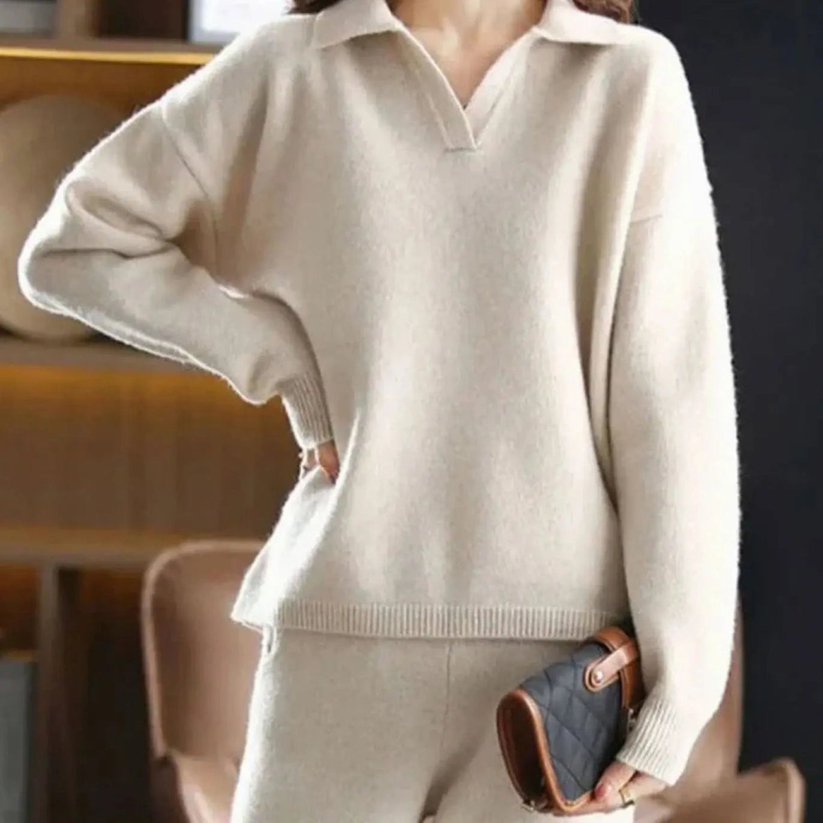Conjunto de punto de dos piezas para estar en casa, con jersey de corte relajado y pantalón, para mujer