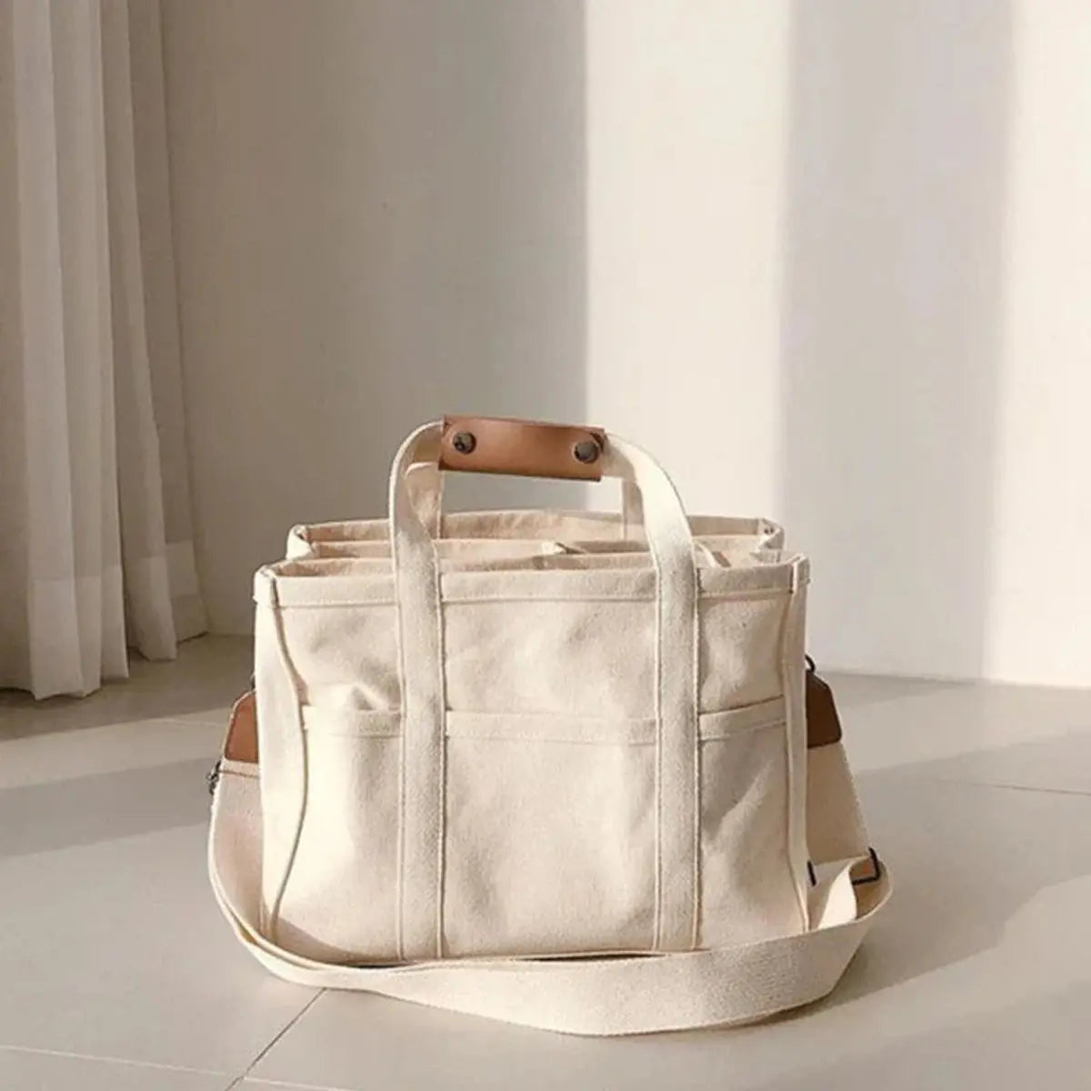 Bolso tote grande de lona con múltiples bolsillos, convertible en bandolera, para mujer