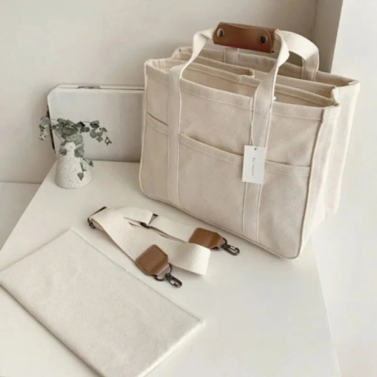 Bolso tote grande de lona con múltiples bolsillos, convertible en bandolera, para mujer