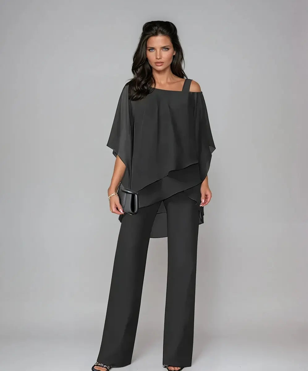 Conjunto de pantalón ancho de gasa con hombros descubiertos y capas para mujer