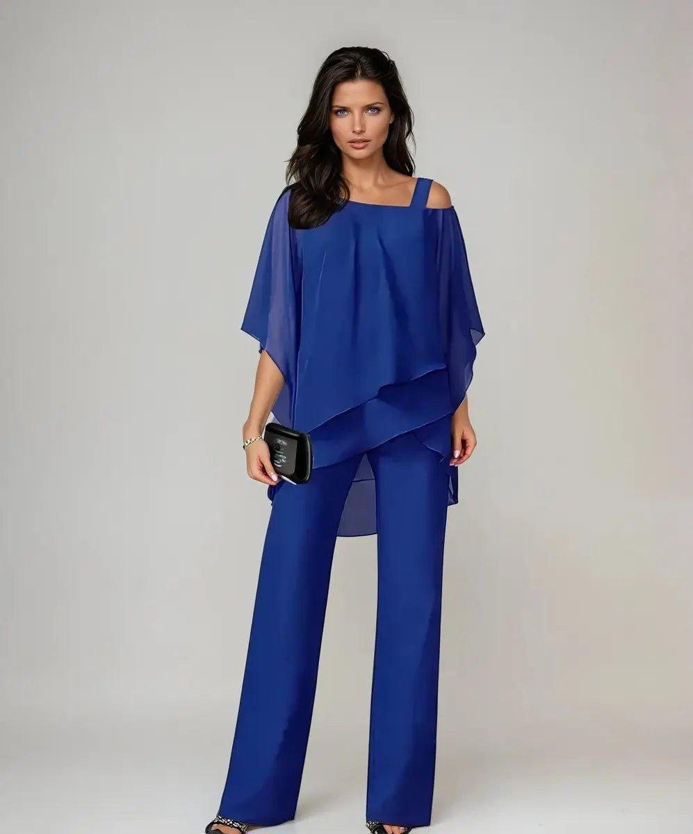 Conjunto de pantalón ancho de gasa con hombros descubiertos y capas para mujer